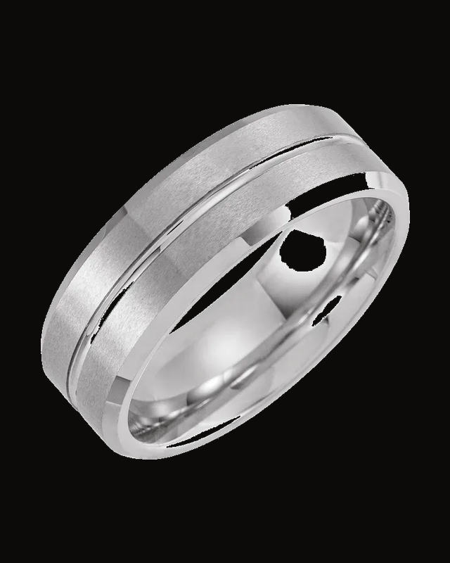 Beveled-Edge Grooved Comfort-Fit Band with Matte Finish — Tungsten · 8 mm