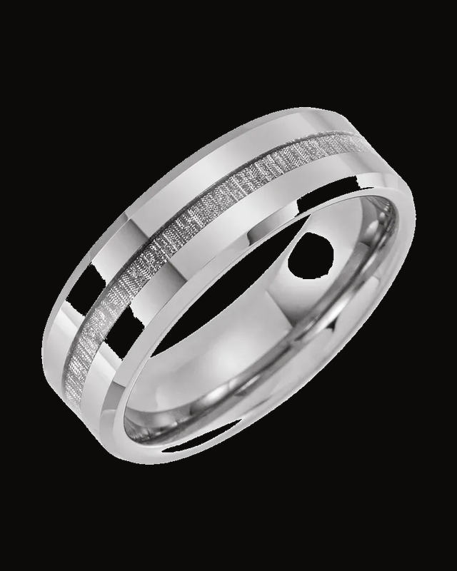 Beveled-Edge Imitation Meteorite Inlay Comfort-Fit Band — Tungsten · 8 mm
