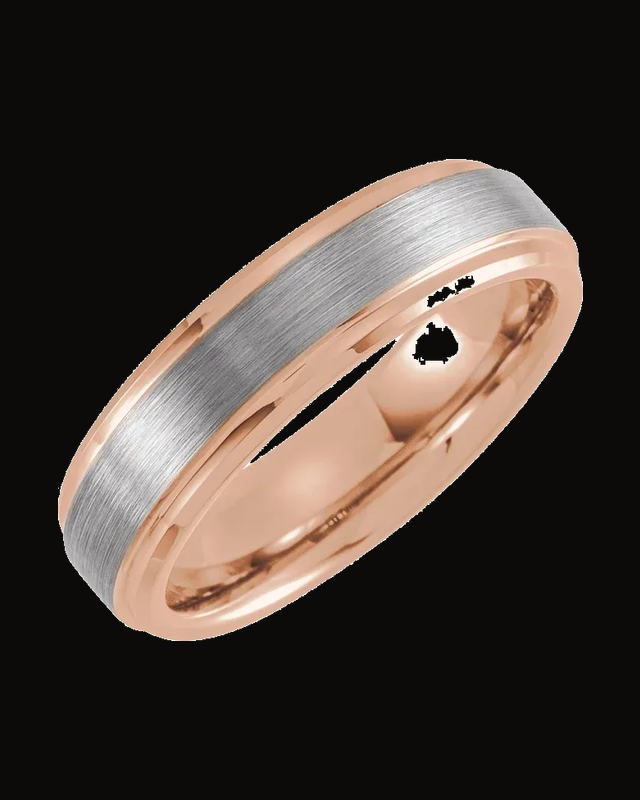 Beveled Stepped-Edge Inlay Comfort-Fit Band With Satin Finish And An 18K Rose Gold Pvd — 18K Rose Gold PVD Tungsten · 6 mm