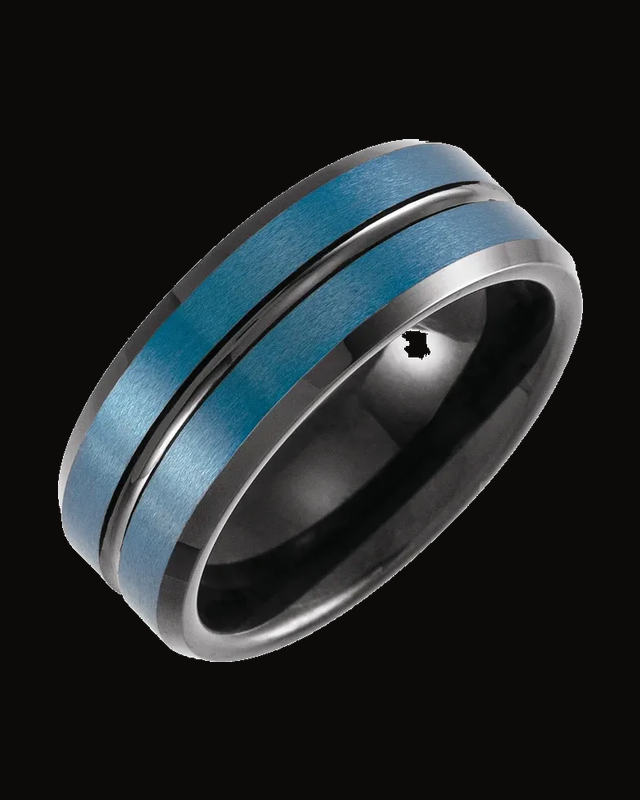 Beveled-Edge Grooved Comfort-Fit Band With Black And Blue Pvd — Black & Blue PVD Tungsten — Satin
