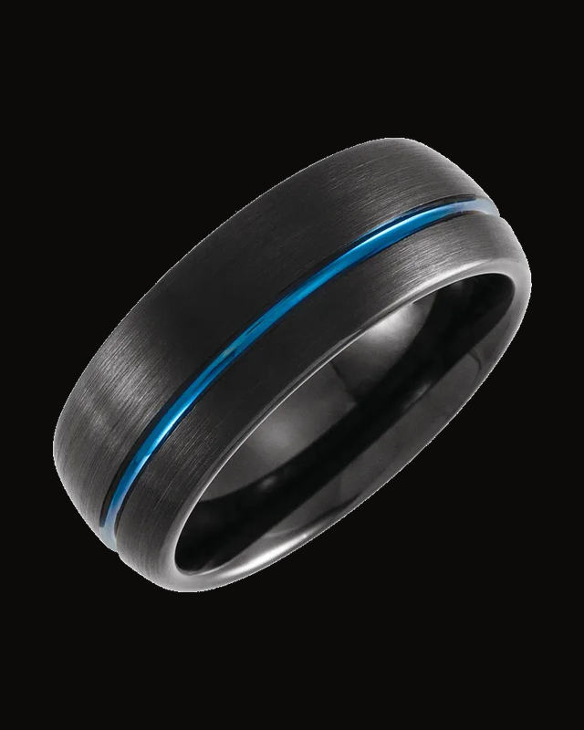 Grooved Comfort-Fit Half Round Band With Black And Blue Pvd — Black & Blue PVD Tungsten