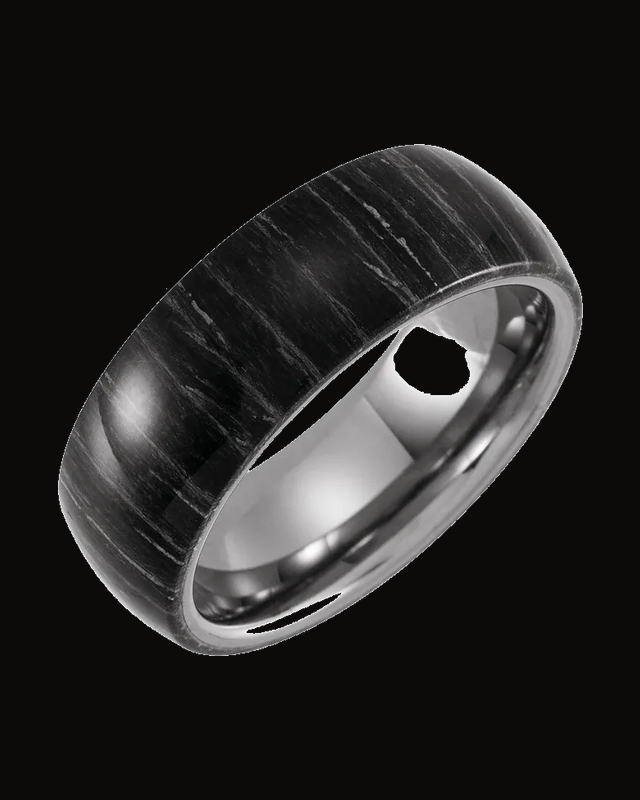 Zebra Wood Inlay Comfort-Fit Half Round Band — Tungsten · 8 mm
