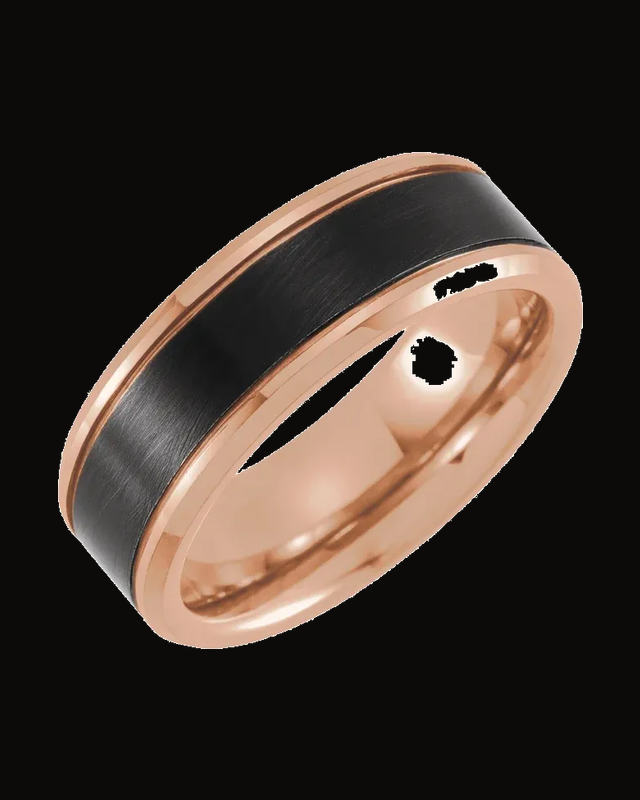 Beveled Stepped-Edge Comfort-Fit Band With Satin Finish And An 18K Rose Gold And Black Pvd — 18K Rose Gold PVD & Black PVD Tungsten · 8 mm
