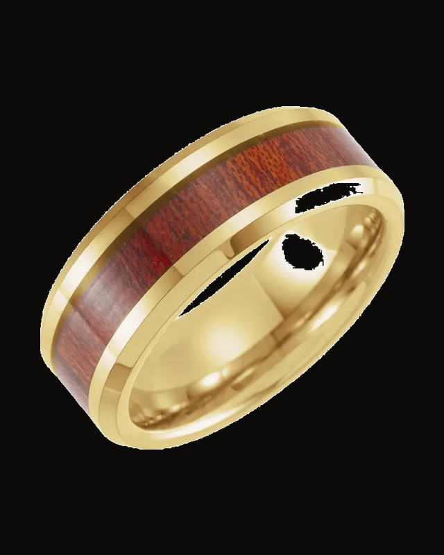 Beveled-Edge Walnut Wood Inlay Comfort-Fit Band Withn 18K Yellow Gold Pvd — 18K Yellow Gold PVD Tungsten · 8 mm