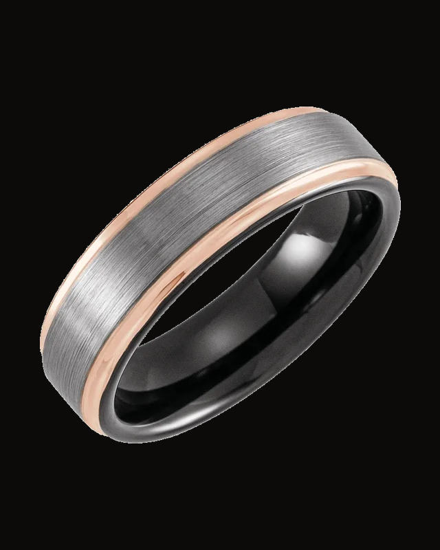 Grooved Comfort-Fit Flat Band With Satin Finish And An 18K Rose Gold Pvd And Black Pvd — 18K Rose Gold PVD & Black PVD Tungsten · 6 mm