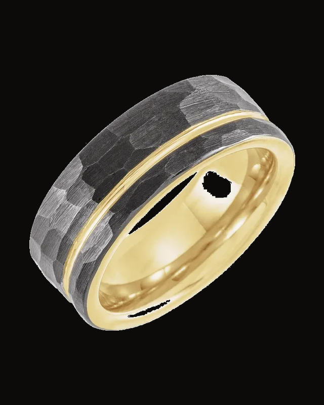 Grooved Comfort-Fit Flat Band With 18K Yellow Gold Pvd And Black Pvd — 18K Yellow Gold PVD & Black PVD Tungsten · 8 mm