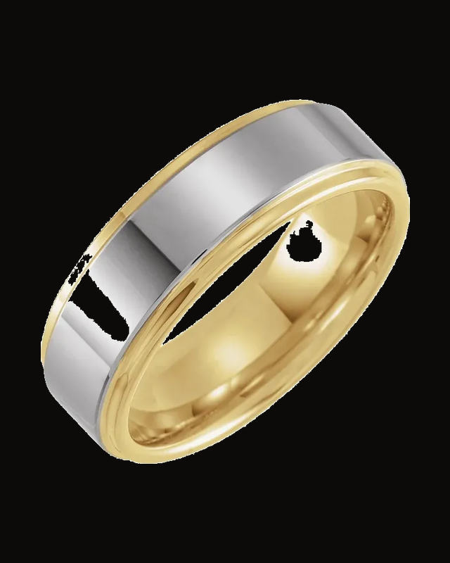 Stepped-Edge Comfort-Fit Flat Band Withn 18K Yellow Gold Pvd — 18K Yellow Gold PVD Tungsten
