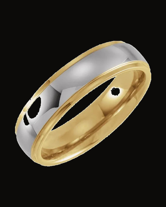 Stepped-Edge Inlay Comfort-Fit Half Round Band Withn 18K Yellow Gold Pvd — 18K Yellow Gold PVD Tungsten · 6 mm