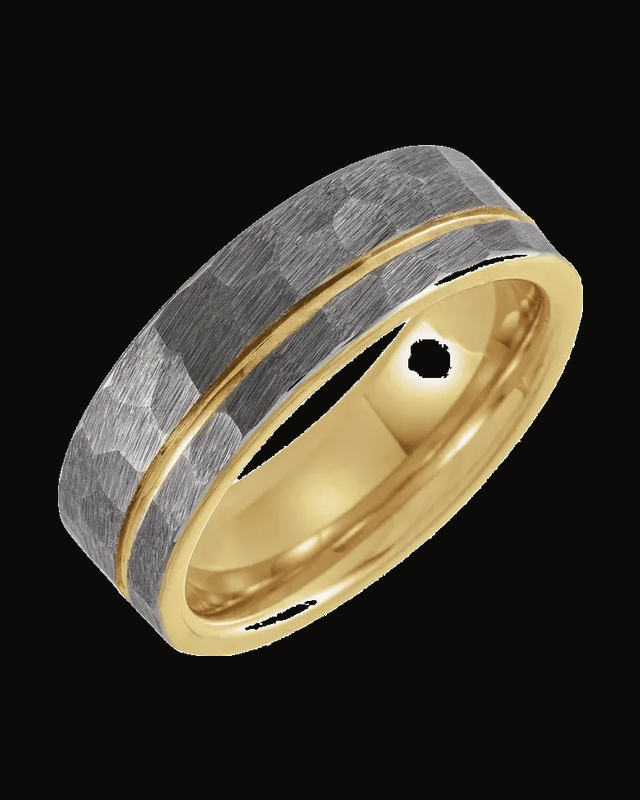 Grooved Comfort-Fit Flat Band With Hammer Finish And An 18K Yellow Gold Pvd — 18K Yellow Gold PVD Tungsten