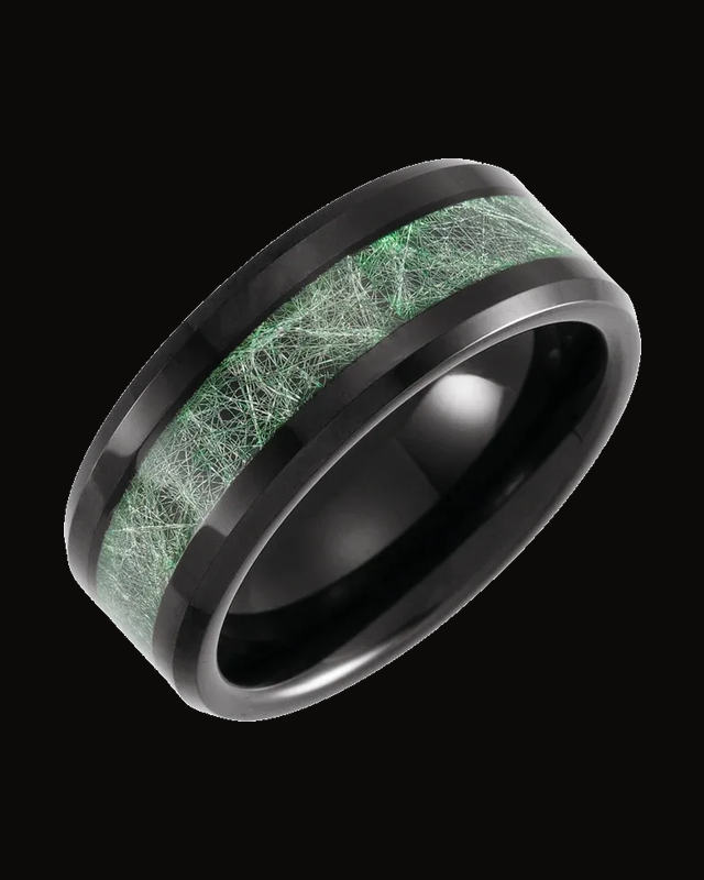 Beveled-Edge Imitation Meteorite Inlay Comfort-Fit Band — Tungsten · 8 mm