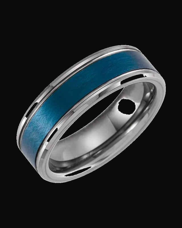 Beveled-Edge Grooved Inlay Comfort-Fit Band with Ice Finish — Blue PVD Tungsten