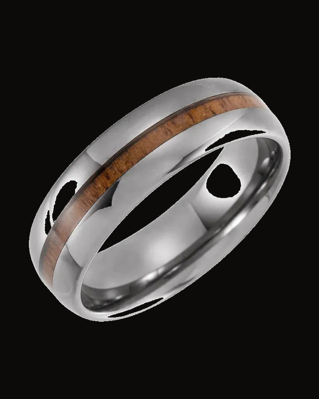 Acacia Wood Inlay Comfort-Fit Half Round Band — Tungsten · 8 mm