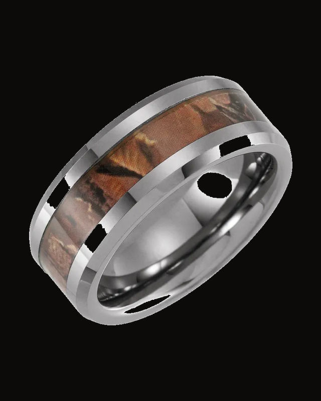 Beveled-Edge Acacia Wood Inlay Comfort-Fit Band — Tungsten · 8 mm