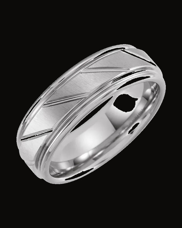Stepped-Edge Grooved Comfort-Fit Flat Band with Satin Finish — Tungsten · 7 mm