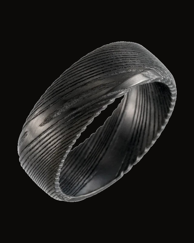 Beveled-Edge Damascus Comfort-Fit Flat Band — Damascus Stainless Steel · 8 mm