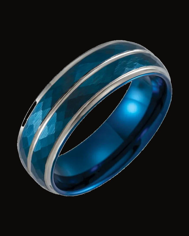 Stepped-Edge Grooved Comfort-Fit Band With Hammer Finish And A Blue Pvd — Blue PVD Tungsten · 8 mm