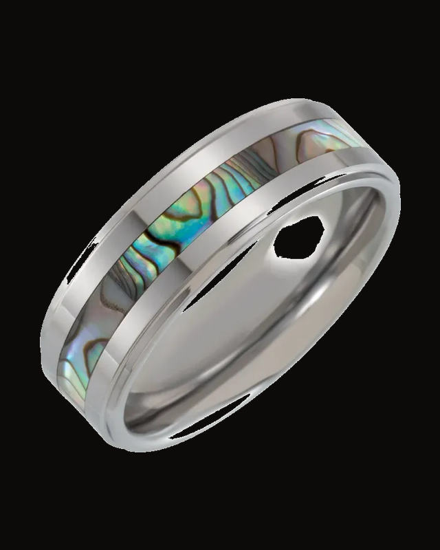 Mother of Pearl Inlay Comfort-Fit Stepped-Edge Band — Tungsten · 8 mm