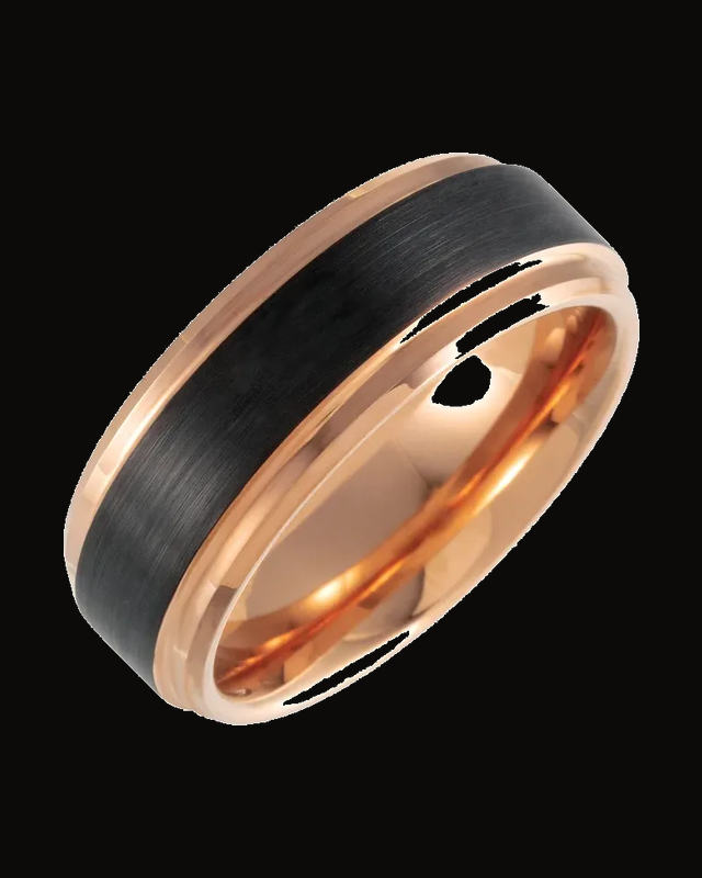 Beveled Stepped-Edge Comfort-Fit Band With Satin Finish And An 18K Rose Gold And Black Pvd — 18K Rose Gold PVD & Black PVD Tungsten · 8 mm