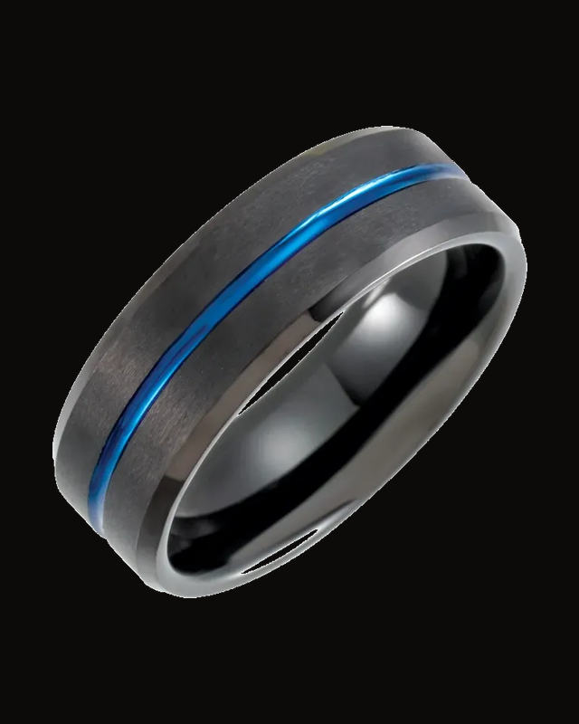 Beveled-Edge Grooved Comfort-Fit Band With Black And Blue Pvd — Black & Blue PVD Tungsten