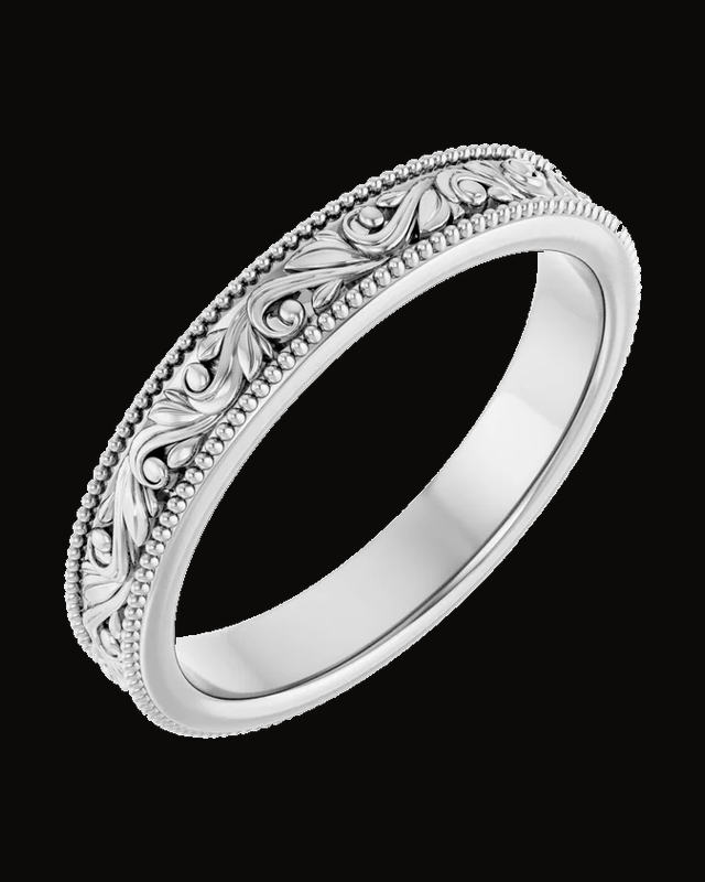 Milgrain Edge Floral Standard-Fit Flat Band — Rhodium-Plated on 10K White Gold · 3.2 mm