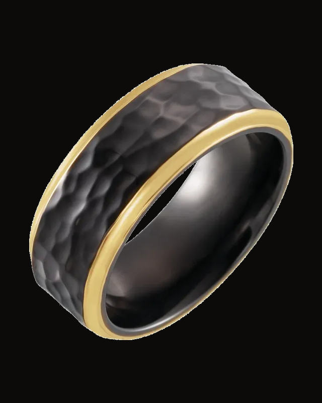 Comfort-Fit Flat Band With Hammer Finish And An 18K Yellow Gold Pvd — 18K Yellow Gold PVD Black Titanium · 8 mm
