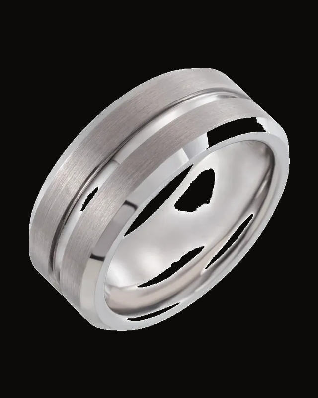 Beveled-Edge Grooved Comfort-Fit Band with Satin Finish — Tungsten · 8 mm — Satin/Polished
