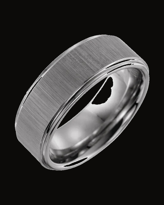 Stepped-Edge Comfort-Fit Flat Band with Stone Finish — Tungsten · 8 mm