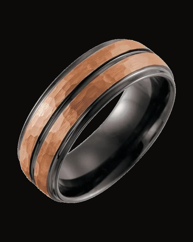 Stepped-Edge Grooved Comfort-Fit Flat Band With 18K Rose Gold And Black Pvd — 18K Rose Gold PVD & Black PVD Tungsten · 8 mm
