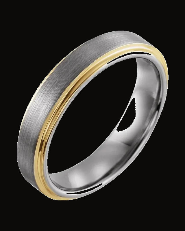 Stepped-Edge Comfort-Fit Flat Band With 18K Yellow Gold Pvd — 18K Yellow Gold PVD Tungsten · 5 mm