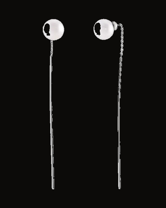 White Freshwater Cultured Pearl Threader Earrings — 14K White / Yellow Gold