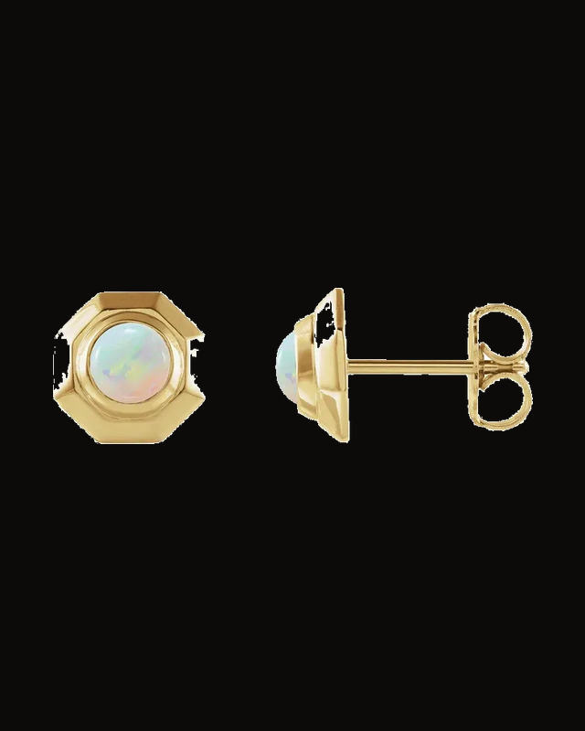 Natural White Opal Cabochon Stud Earrings — 14K Yellow Gold · 4 mm