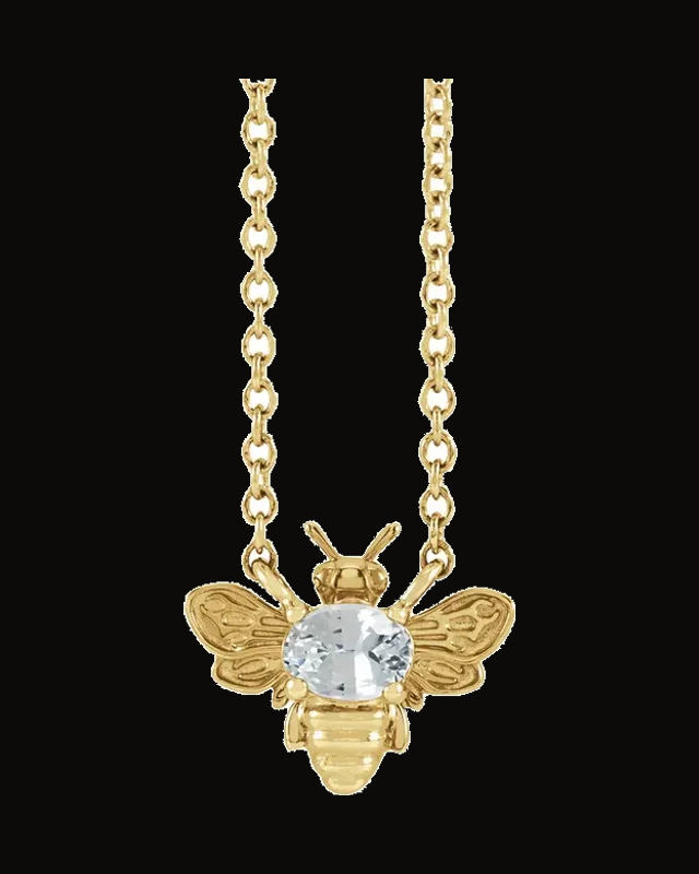 Natural White Sapphire Bee Necklace — 14K Yellow Gold · 4 x 3 mm