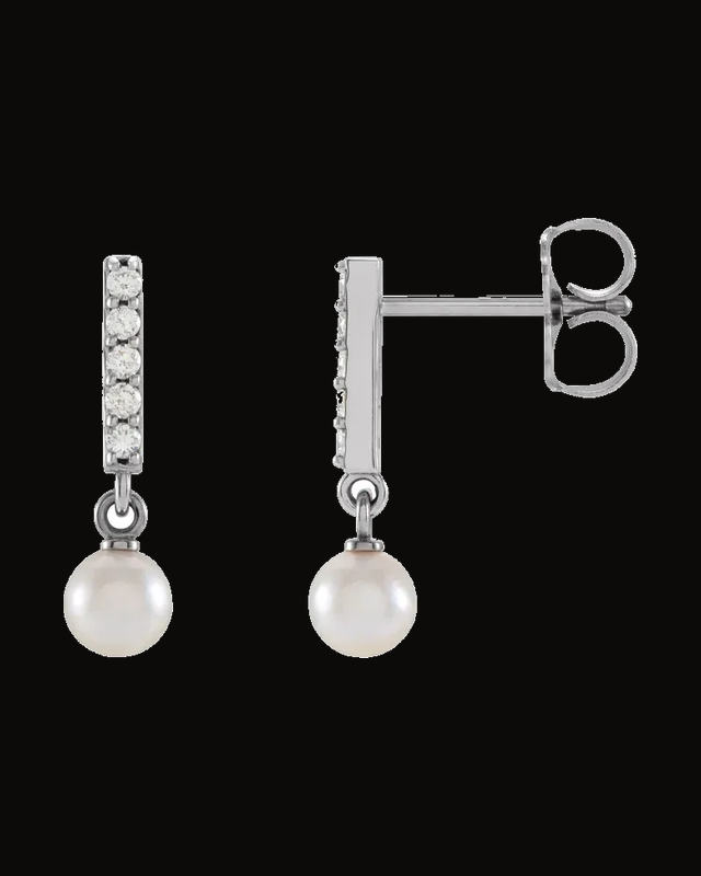 White Akoya Pearl And Diamond Bar Dangle Earrings — Rhodium-Plated on 14K White Gold · 0.08 CTW