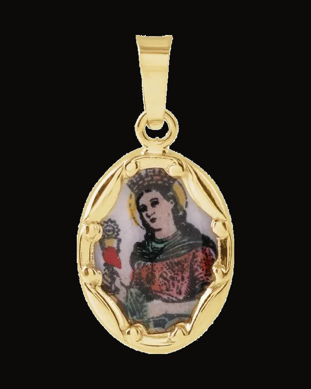 Hand Painted Porcelain St. Barbara Medal — 14K Yellow Gold