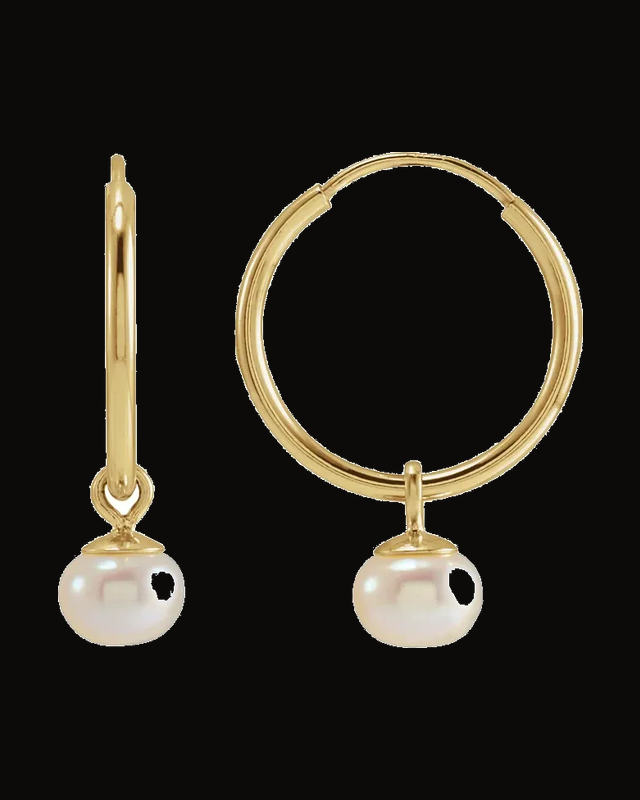Cultured White Freshwater Pearl Dangle Endless Hoop Earrings — 14K Yellow Gold · 4 mm