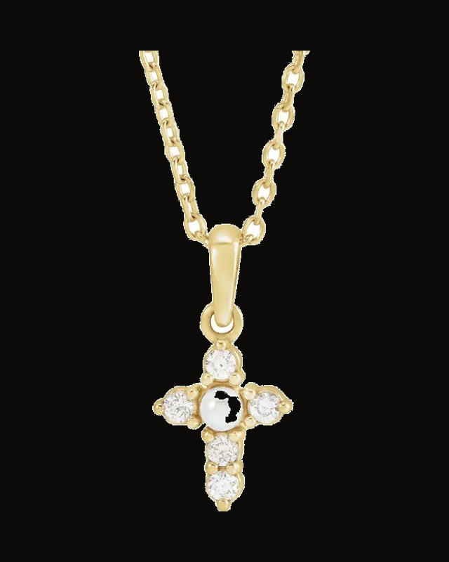 Cultured White Seed Pearl And 0.07 CTW Natural Diamond Petite Cross Necklace — 14K Yellow Gold