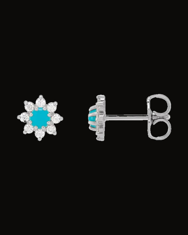 Natural Turquoise And 1/8 CTW Natural Diamond Cabochon Flower Earrings — 14K Yellow / White Gold