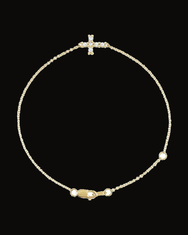1/8 CTW Natural Rose-Cut Diamond Sideways Cross Bracelet — 14K Yellow Gold
