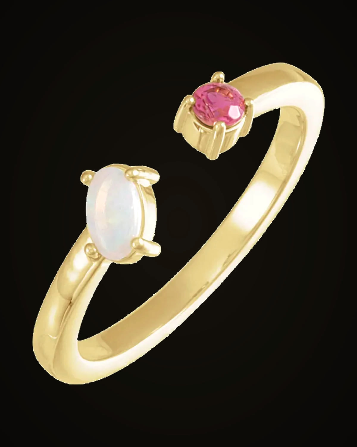 Natural White Opal And Natural Pink Tourmaline 2-Stone Negative Space Ring — 14K Yellow Gold · 1.7 mm · 5 x 3 mm · Natural Opal · Size 7