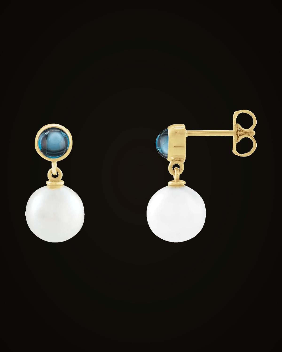 Cultured Pearl And Natural London Blue Topaz Cabochon Drop Earrings — 14K Yellow Gold · 8 mm