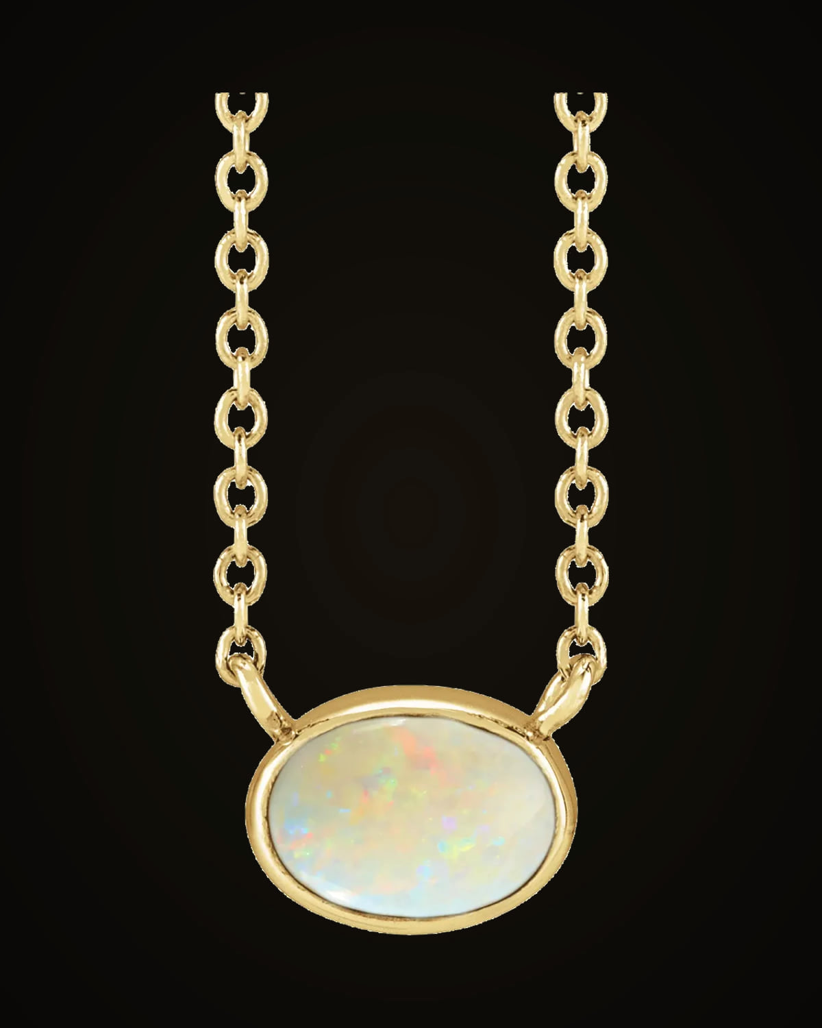 Lab-Grown White Opal Cabochon Solitaire Necklace — 14K Yellow Gold · 8 x 6 mm · Lab-Grown Opal