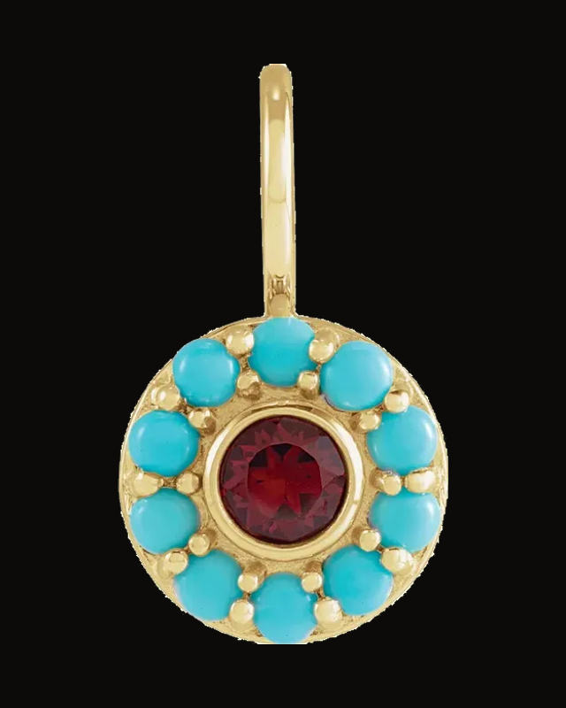 Natural Mozambique Garnet And Natural Turquoise Halo-Style Charm/Pendant — 14K Yellow Gold · 4 mm