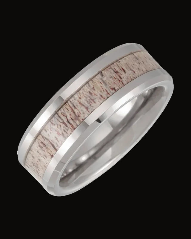 Beveled-Edge Velvet Antler Wood Inlay Comfort-Fit Flat Band — Tungsten · 8 mm