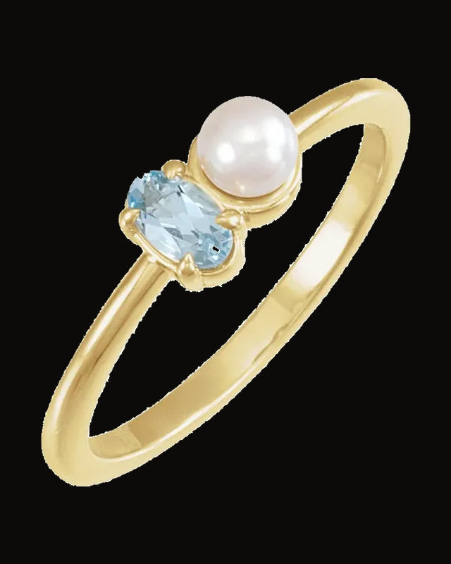 Natural Aquamarine And Cultured White Akoya Pearl Ring — 14K Yellow Gold · 1.5 mm