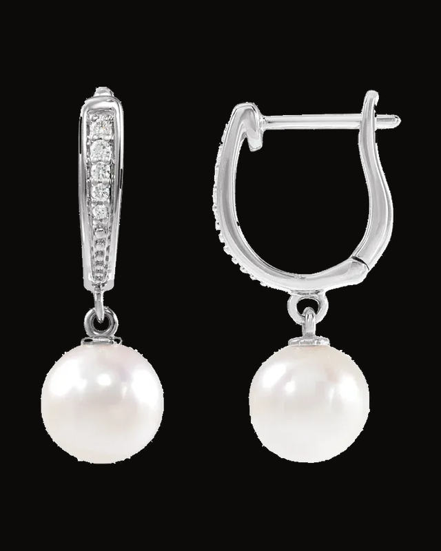 Pearl And 0.03 CTW Natural Diamond Lever Back Earrings — Rhodium-Plated on 14K White Gold