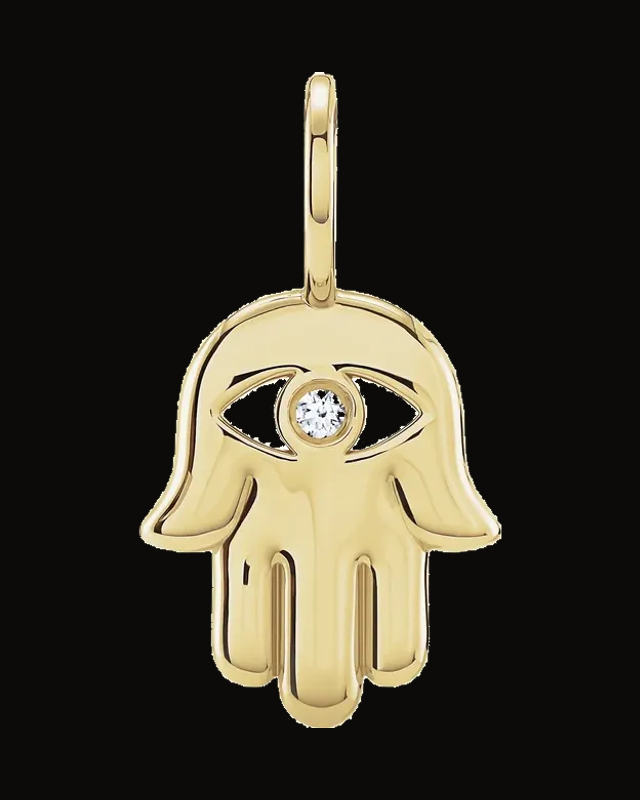 0.02 Ct Natural Diamond Hamsa Hand Charm/Pendant — 14K Yellow Gold