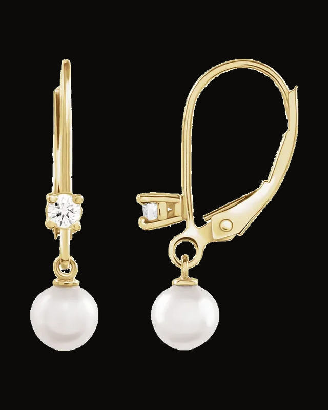 Cultured White Akoya Pearl And 1/8 CTW Natural Diamond Lever Back Earrings — 14K White / Yellow Gold