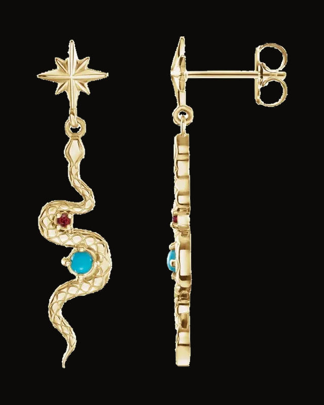 Natural Turquoise And Natural Ruby Snake Dangle Earrings — 14K Yellow Gold · 2 mm