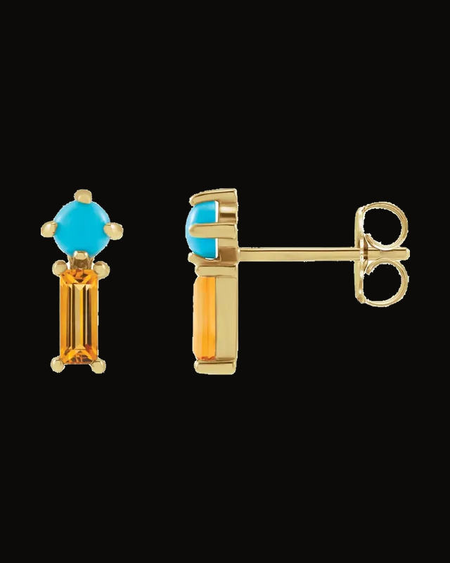 Natural Turquoise And Natural Citrine 2-Stone Earrings — 14K Yellow Gold · 3 mm