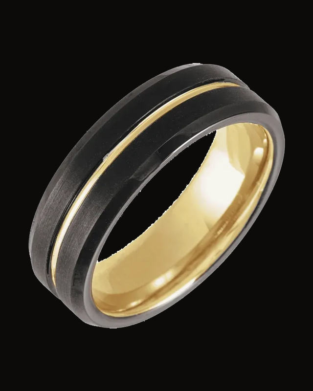 Beveled-Edge Grooved Comfort-Fit Band With An 18K Yellow Gold And Black Pvd — 18K Yellow Gold PVD & Black PVD Tungsten